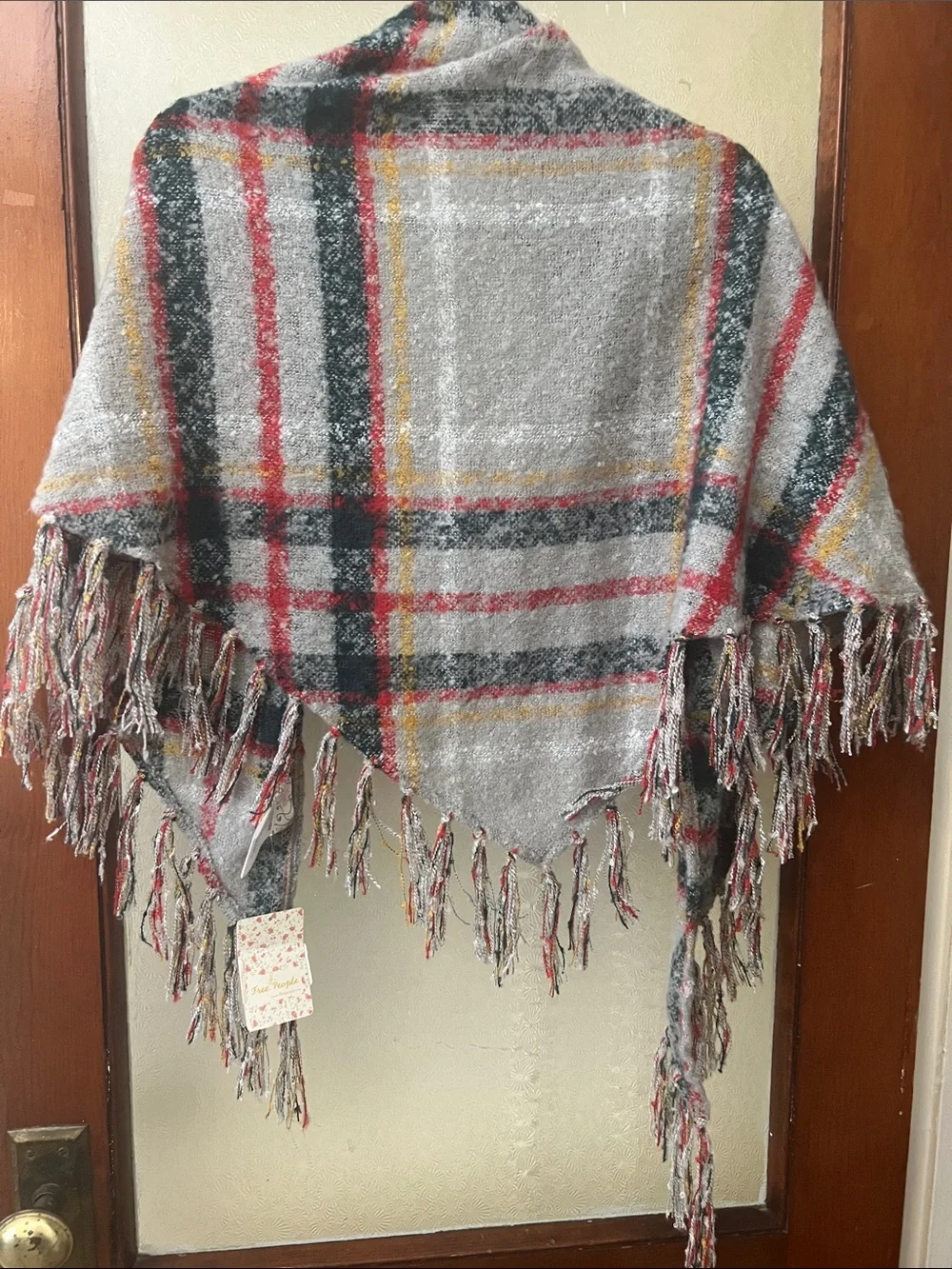 Free People Gray Plaid Fringe Wrap with Red & Yellow Accents. NWT